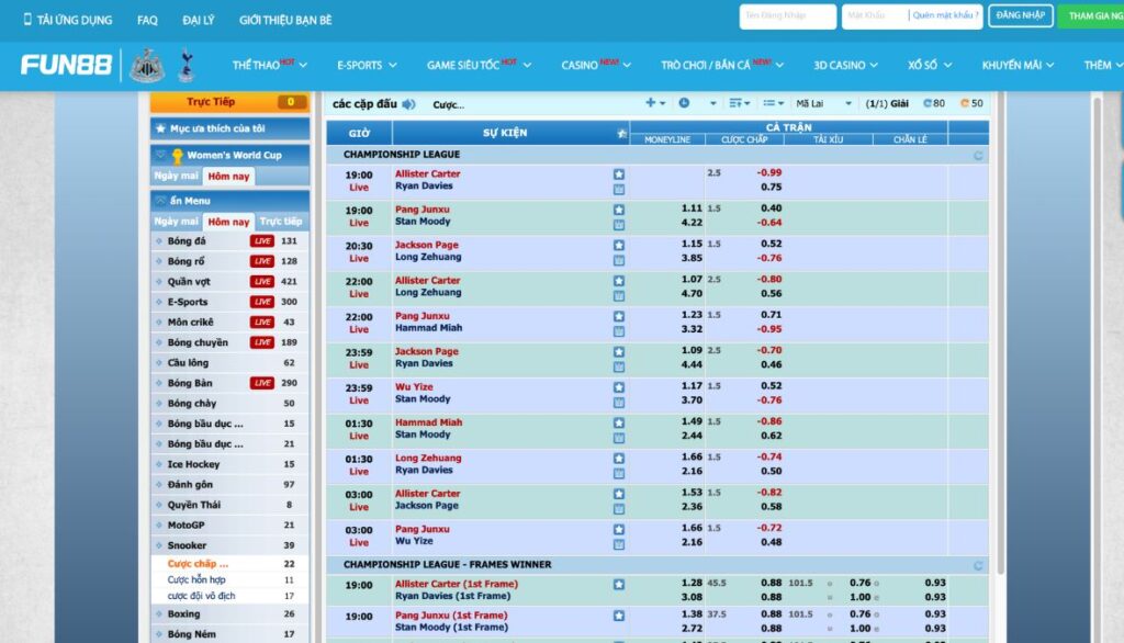 Cá cược snooker/pool (bida) Fun88